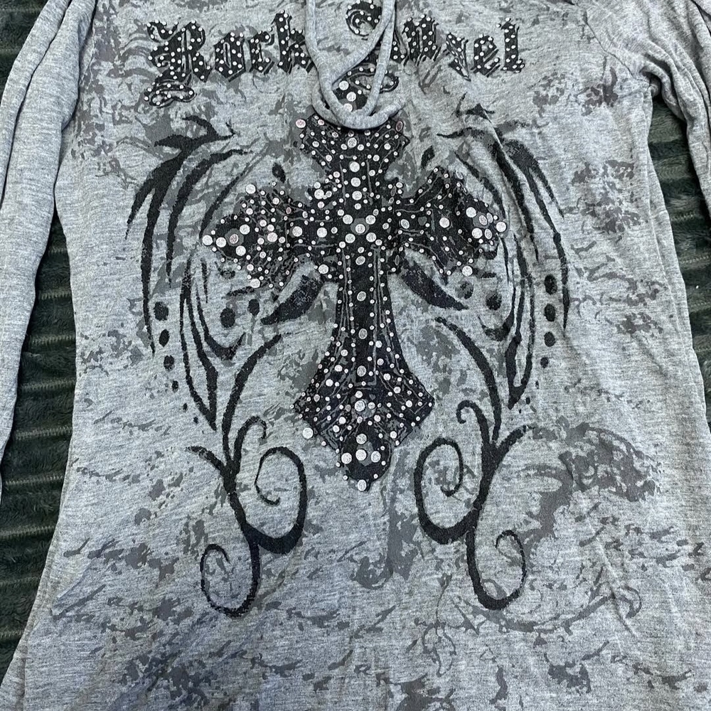 Gray Long Sleeve Top with Embellished Cross Design